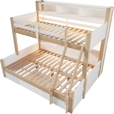 Cama litera infantil 90x200 + 140x200 cm con almacenaje, LED y cajón blanco/natural (1/5)