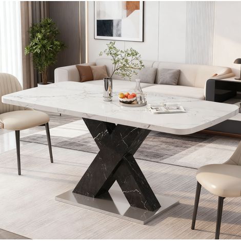 Mesa de comedor rectangular extensible 120-160 cm, efecto mármol blanco, MDF negro (1/5)