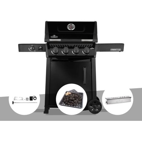Barbecue gaz Freestyle 425 noir 4 brûleurs + 1 réchaud latéral + Rôtissoire + Plateau charbon + Boitier de fumage - Napoléon