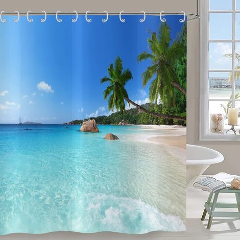 Rideau de Douche Ocean Beach 90x180, Palmiers Tropicaux Seaside Island Ciel Bleu Paysage Hawaïen, Baignoire Imperméable en Tissu Polyester Lavable pour Salle de Bain