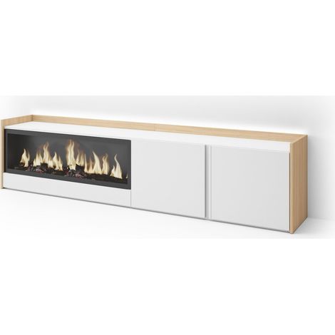 Skraut Home - Mueble TV, Televisión, Muebles de salón, almacenaje, 212x35x50cm, Para TV hasta 80", Chimenea eléctrica XXL, LED, Estilo Moderno, Blanco y roble soft (1/5)