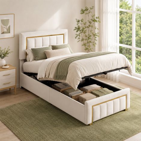 Lit coffre capitonné 90x200 cm adulte avec hydraulique espace de rangement,Lit 1 place,bordés d'or qui,sommier à lattes,lit simple en velours - Beige (1/5)