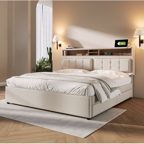 Cama tapizada 140/200 cm beige de lino con 4 cajones y cabecero regulable (1/5)