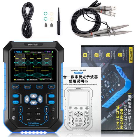 Oscilloscopio digitale portatile 2 in 1 a fluorescenza, a doppio canale con generatore di segnale da 20 MHz, larghezza di banda di 180 MHz e schermo IPS da 2,8 pollici. (1/5)
