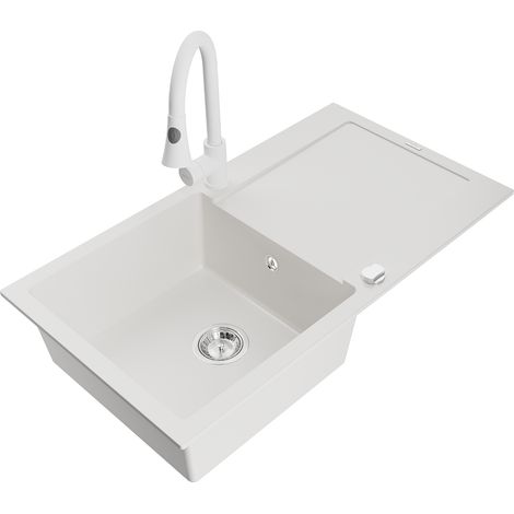 Mexen Leo fregadero de granito de 1 seno con escurridor y grifo de cocina Elia, blanco - 6501-20-670101-20 (1/5)