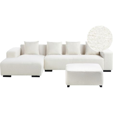 Sofá esquinero en forma de L con cojines 4 plazas de bouclé con otomana blanco derecho Lungo (1/5)