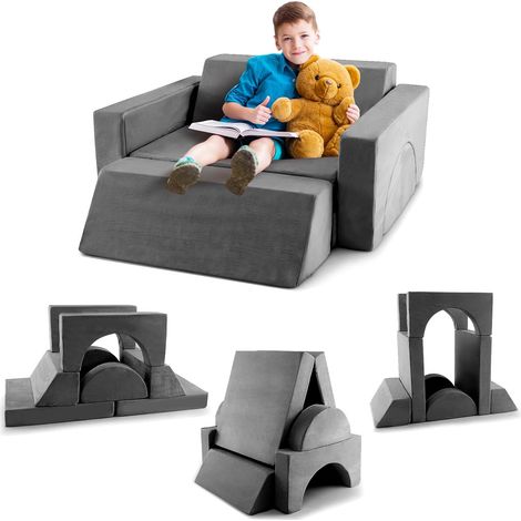 COSTWAY Sofá Infantil Multiuso 8 en 1, Sofá para Niños de Espuma de 8 Piezas, Sillones Infantiles con Funda Desmontable para Sala de Juegos Dormitorio y Salón, para Niños Más de 12 Meses (Gris) (1/5)