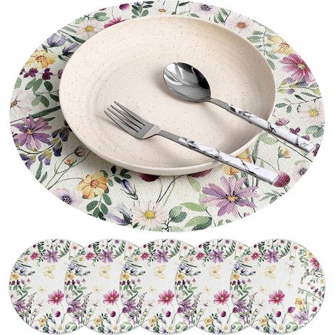 Lot de 6 sets de table ronds à motifs floraux, en lin, style champêtre, pour tables à manger printanières-35.00X35.00X0.10CM (1/3)