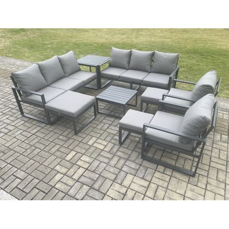 Fimous Aluminium Outdoor Garden Furniture Set Patio Lounge Sofa with Square Coffee Table Side Table 2 Armchairs 3 Footstools Dark Grey (1/5)