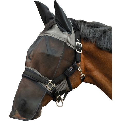 Pony, grigio fango: Maschera antimosche con coprimuso agganciabile alla cavezza