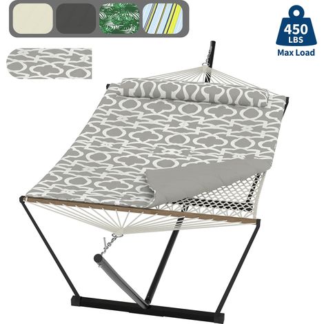 Hamac double 2 personnes – support acier réglable, coussin, toile résistante – Gris clair – jardin, terrasse, plage