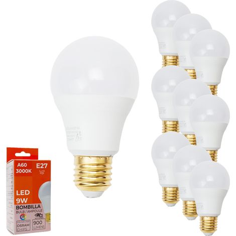 ALPINALUZ  Pack de 10 Bombillas LED OSRAM Chips LED E27 A60 9W CRI90 900 Lumens Eyeconfort No Parpadeo 3000K Blanco Cálido (1/5)