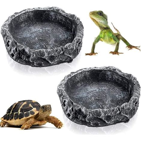 Gamelle en Résine Aspect Roche Naturelle pour Reptiles et Amphibiens - Bol d'Eau et de Nourriture pour Lézard, Tortue, Gecko, Serpent - Lot de 2 (1/5)