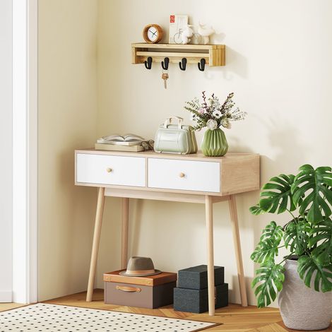 Table console 86x35x75 cm blanc avec 2 tiroirs design moderne en chêne et pour le salon ou l’entrée du couloir (1/4)