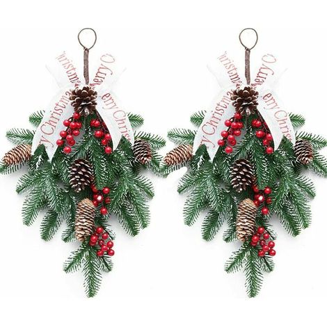 Green Mobility-2 PCS Artificielle Swag Noël Teardrop Guirlande Porte Avant Swags avec Baies et Pommes de Pin, 19.6Inch Christmas Teardrop Floral Swag (1/5)