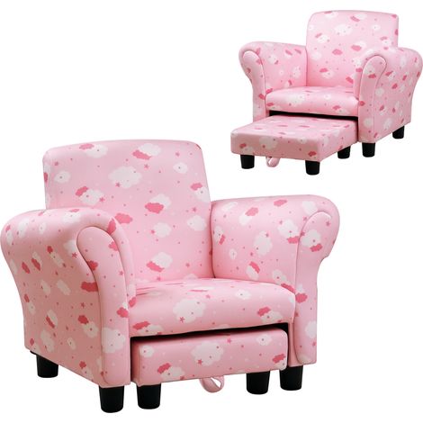 Toddler Chair Children's Armchairs Wood Frame w/ Footrest Anti-Slip Legs High Back Arms for Bedroom Playroom Cute Cloud Star Pink (1/5)