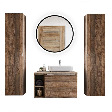 Badmöbel Komplett Set in Vintage Oak Eiche PUEBLA-56 Spiegel mit LED-Beleuchtung, B/H/T 190/200/46 cm (1/5)