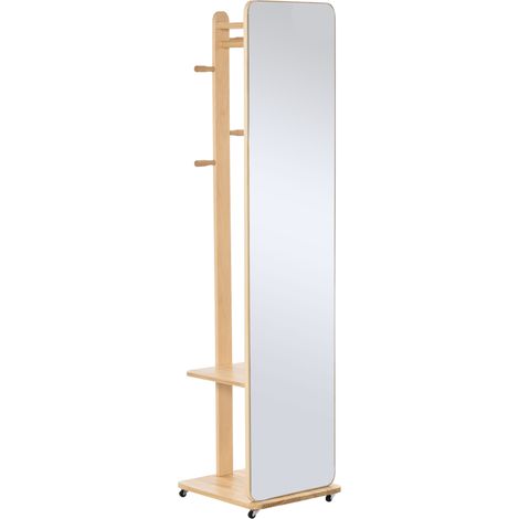 Miroir sur pied à roulettes – cadre, 4 crochets, étagère légère en MDF aspect bois (1/5)