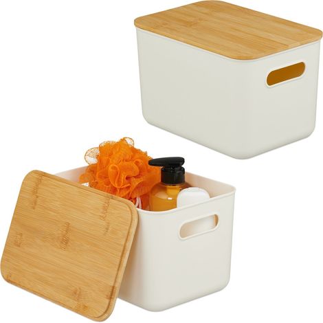 Cajas de almacenamiento de plastico con tapas de bambu juego de 2 (1/5)
