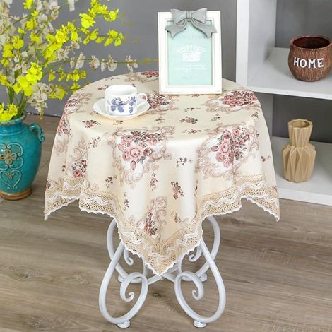 Tischdecke 80x80 cm quadratisch Vintage Blumenmuster mit Spitze Elfenbein Polyester
