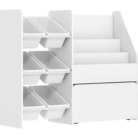 Librería infantil con 6 cajas extraíbles, 100 x 30 x 80 cm, blanca, MDF y acero (1/5)