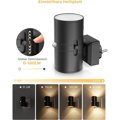 LED-Nachtlicht mit Bewegungsmelder, 1 Stück, Nachtlicht, Steckdose, warmweiß (3000 K), Helligkeit einstellbar ab 0 lm, dimmbar, für Innensteckdose, für Flur, Schlafzimmer, Treppenhaus (1/5)