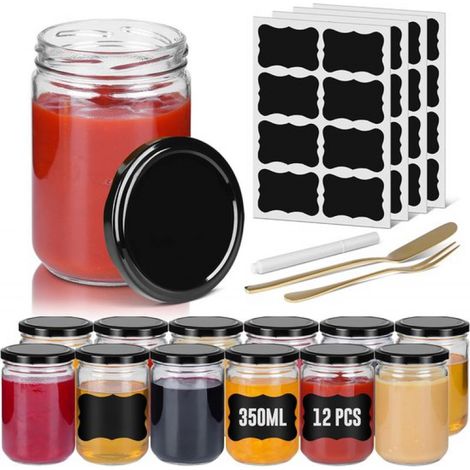 Petits bocaux de conservation - Lot de 12 - Bocaux Mason - Bocaux ronds - Avec couvercles métalliques - 350 ml - Mini bocaux hermétiques - Bocaux de conservation transparents - Pour miel, herbes, conf (1/4)