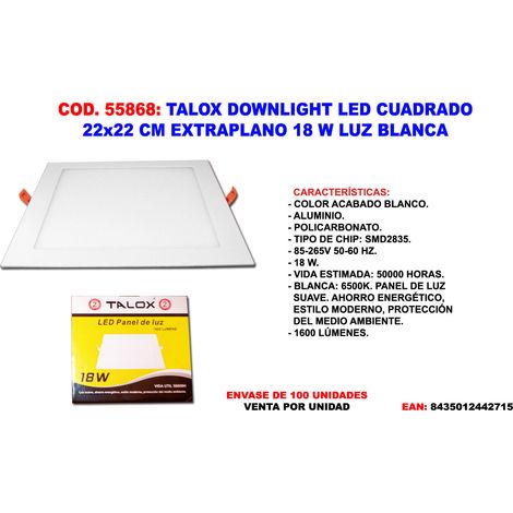 talox downlight led cuadrado 22 x 22 extraplano 18 w luz blanca
