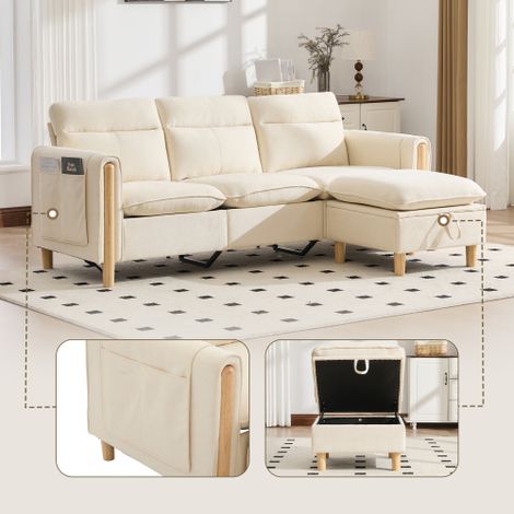 Ensemble canapé trois places de style nordique avec pouf de rangement, canapé d'angle en tissu avec poches latérales et pieds de table en bois, idéal pour les salons et les petits espaces (chenille be (1/5)