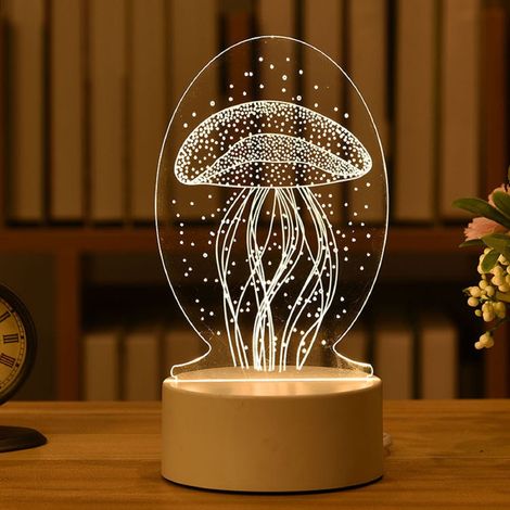Lampe Nuit 3D Méduse - Base Bois LED 3 Couleurs - Gravure Laser Acrylique - Décoration Chambre Enfants - Lot de 1 (1/5)