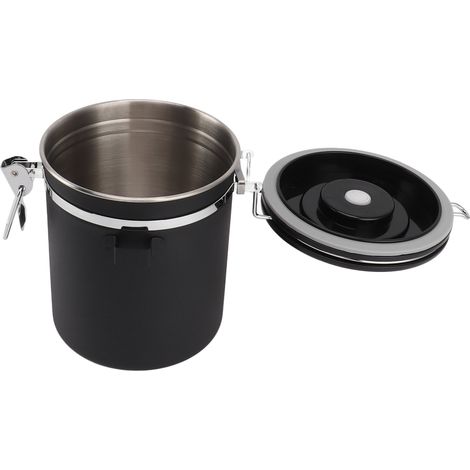 Boîte à café de 1,5 L avec cuillère doseuse et marqueur de date, en acier inoxydable, polyvalente et hermétique, idéale pour la cuisine, noire. (1/5)