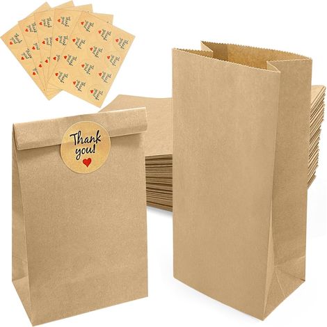 100 Pièces Sacs en Papier Kraft 9x18x5.5 cm, Marron avec Autocollants de Fermeture, Sachets Alimentaires pour Bonbons, Biscuits, Cadeaux, Mariage, Anniversaire, Pâques, Noël et Fêtes (100pcs) (1/5)