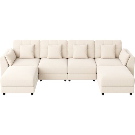 Sofá modular esquinero U/L de chenilla beige con 2 pufs, LED, mesa abatible y 6 cojines (1/5)