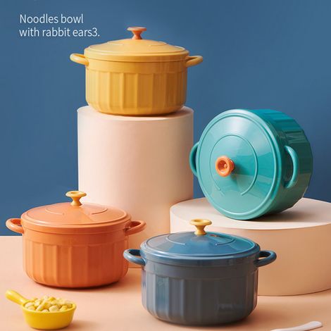Bol à nouilles instantanées avec couvercle, bol simple à double anse, boîte à lunch de style japonais, bol en émail pour la maison, grand format pour dortoir étudiant, bleu saphir. (1/5)
