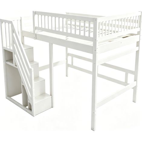 Lit bois massif 140x200 cm, escalier avec armoire, garde-corps haut, lit enfant ado, cadre massif, blanc, chambre enfant, matelas non inclus (1/5)