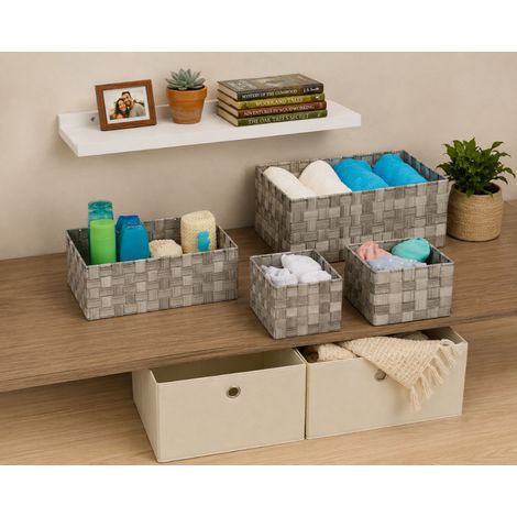 Set portaoggetti in materiali misti (3 pezzi) – Cassettiera in tessuto, cesti in vimini e mensola in noce (1/5)