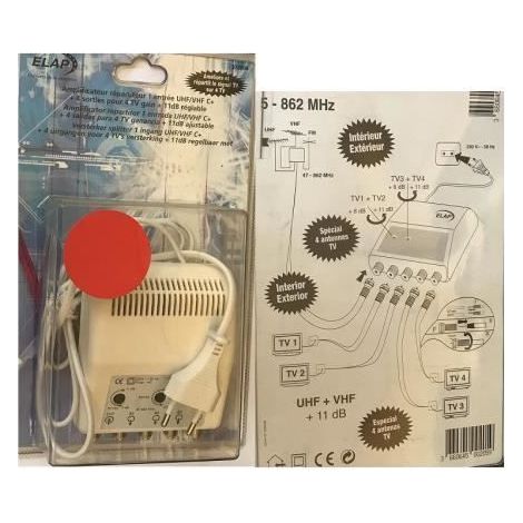 AMPLIFICATEUR REPARTITEUR 1 ENTREE UHF/VHF C+ 4 SORTIES POUR 4 TV GAIN + 11DB REGLABLE REF 372004 ELAP HDME