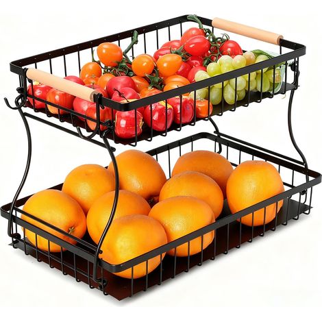 Corbeille à fruits, Panier Fruit à 2 Étages avec 2 Cintres bananes, Porte-fruits et Légumes Comptoir Cuisine Panier de Rangement en Fil Métallique Support de Fruits pour Pain Collations, Noir (1/5)