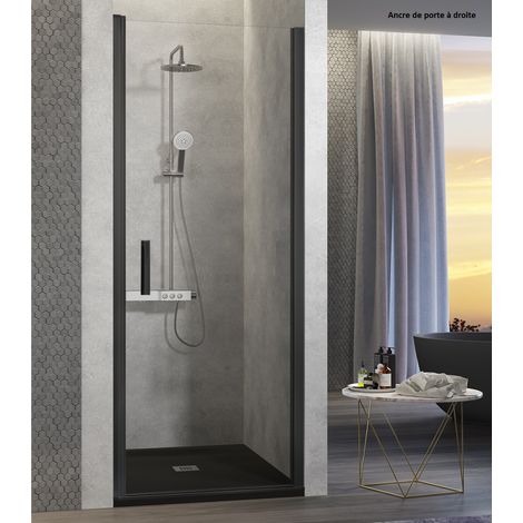 Kassandra – Porte de douche pivotante 60-64 cm – Profil noir mat – Verre trempé 6mm – Hauteur 195 cm – Traitement anti-calcaire durable