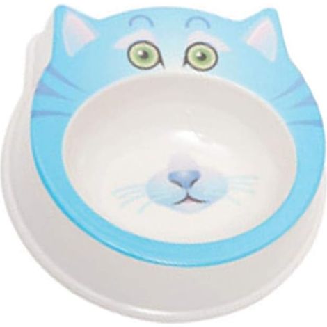 Pet Bowl, Pet Single Bowl Cute Face Cat Bowl, Melamine Cartoon Cat Face Pet Bowl, Dog and Cat Bowl Pet Accessories, Non-slip and Splashproof. (Blue) (1/4)