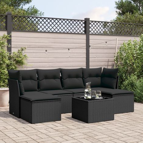vidaXL Set de comedor de jardín 7 pzas y cojines ratán sintético negro (1/5)