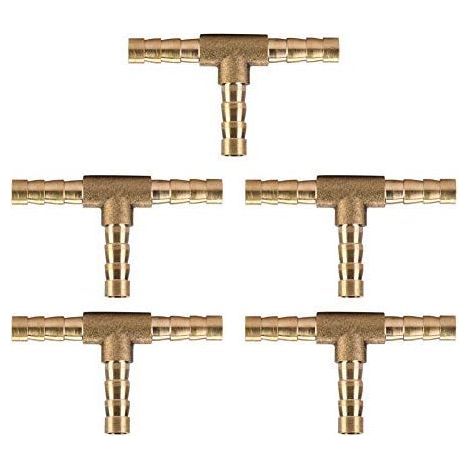 Brass T Connector, 5pcs T Hose Fittings for Air/Water/Oil/Gas Hose, Brass Hose Seal 6/8/10/12mm (6mm). (1/5)