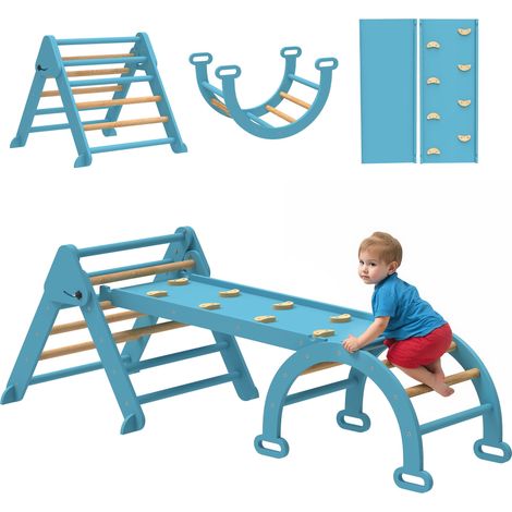 Triangle d'escalade Montessori pliable en bois 7 en 1 avec arche et rampe pour enfants de 18 à 48 mois, 188 x 70 cm, bleu (1/5)