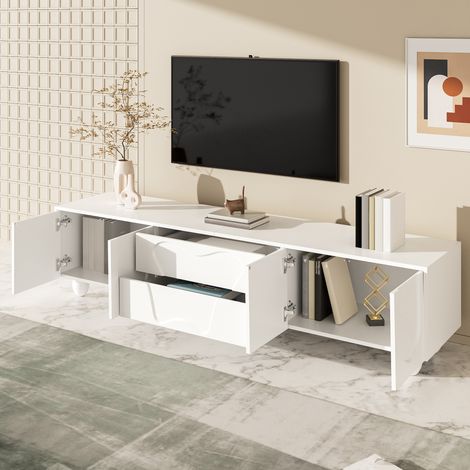 Meuble TV Finition Mate avec 4 Portes et 2 Tiroirs, Pieds en Bois Massif, pour Salon, PB, Blanc, 180 × 40 × 42 cm (1/5)