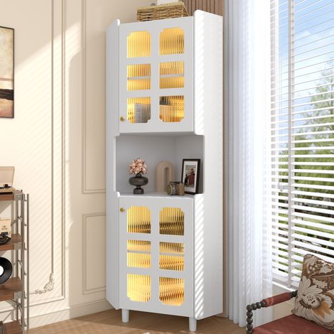 Meuble d'angle blanc laqué avec éclairage LED – Commode d'angle multifonctionnelle pour salon, bibliothèque, salle de bain, chambre, salle à manger, panneau MDF laqué blanc (1/4)