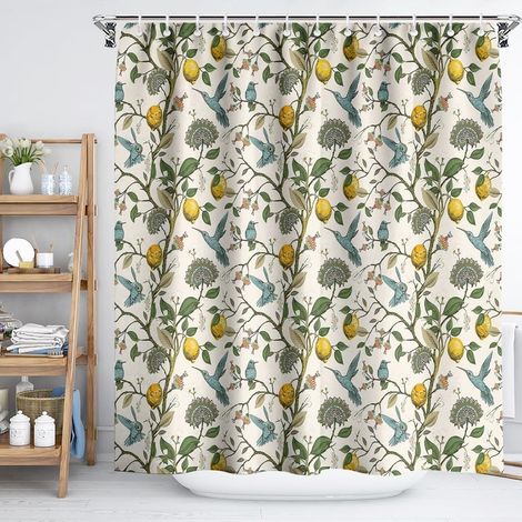 Rideau de douche motif citron, rideau de douche motif colibri, citron, fruits frais, fleurs, branches d'arbre, baies, nature, drôle, rideau de douche bohème chic, 180 x 180 cm (1/5)