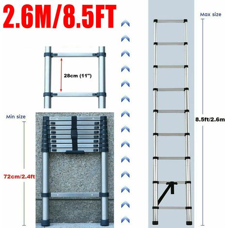 EN131 8.5FT Échelle télescopique de 2,6 m en acier inoxydable de haute qualité, 9 marches, échelle à coulisse, échelle pliante antidérapante, escabeau, échelle polyvalente Capacité de charge jusqu'à 1