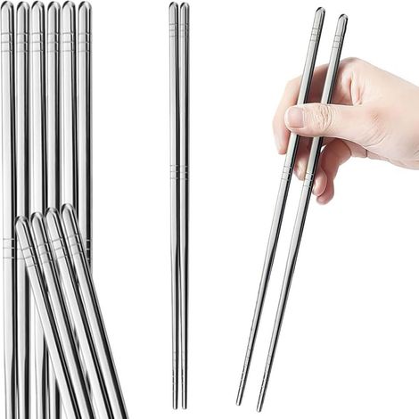 Baguettes En Acier Inoxydable 304 - Design Carré Antidérapant - Pour Sushi Ramen Et Repas Asiatiques - Lot De 5 Paires (1/5)