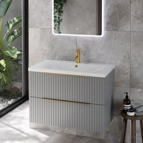 Helix 460 Fluted Pebble Grey 800mm Wall Mounted 2 Drawer Vanity Unit with Glide Basin