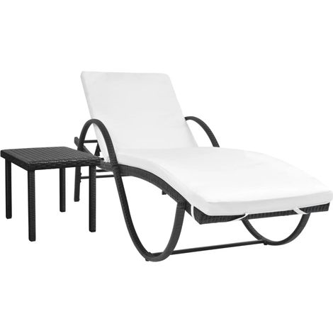 Sonnenliege mit Auflage & Tisch Poly Rattan Schwarz